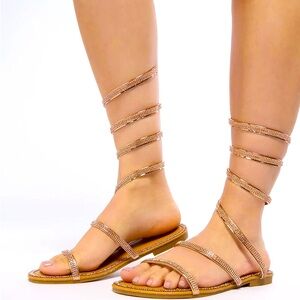 Rose Gold Vegan Leather Rhinestones Wrap Sandals